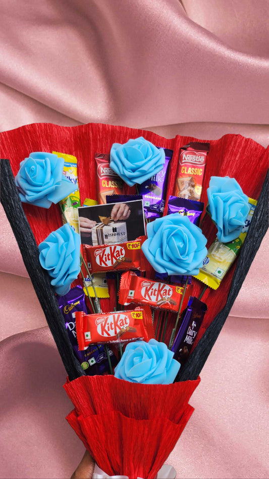 KitKat & Dairy Milk Chocolate Bouquet | Unique Gift Hamper | Artificial Blue Roses
